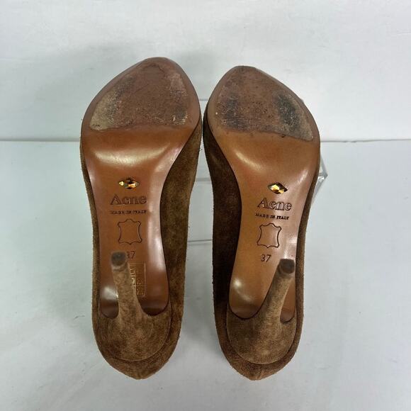 Acne Heel Pumps Heels 37 Brown Suede Leather Scallop Edge Made Italy - Picture 8 of 11